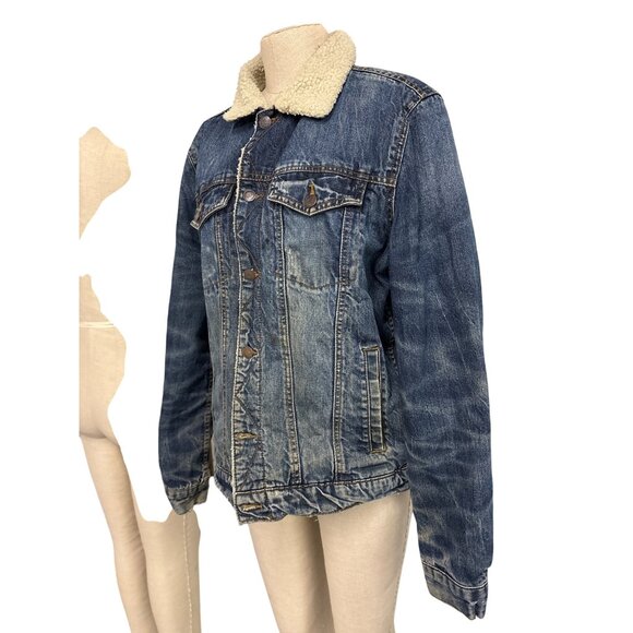 Aeropostale Denim Sherpa Jacket Upcycled Rolling Stones Hand Painted Graphic Art - Picture 8 of 13